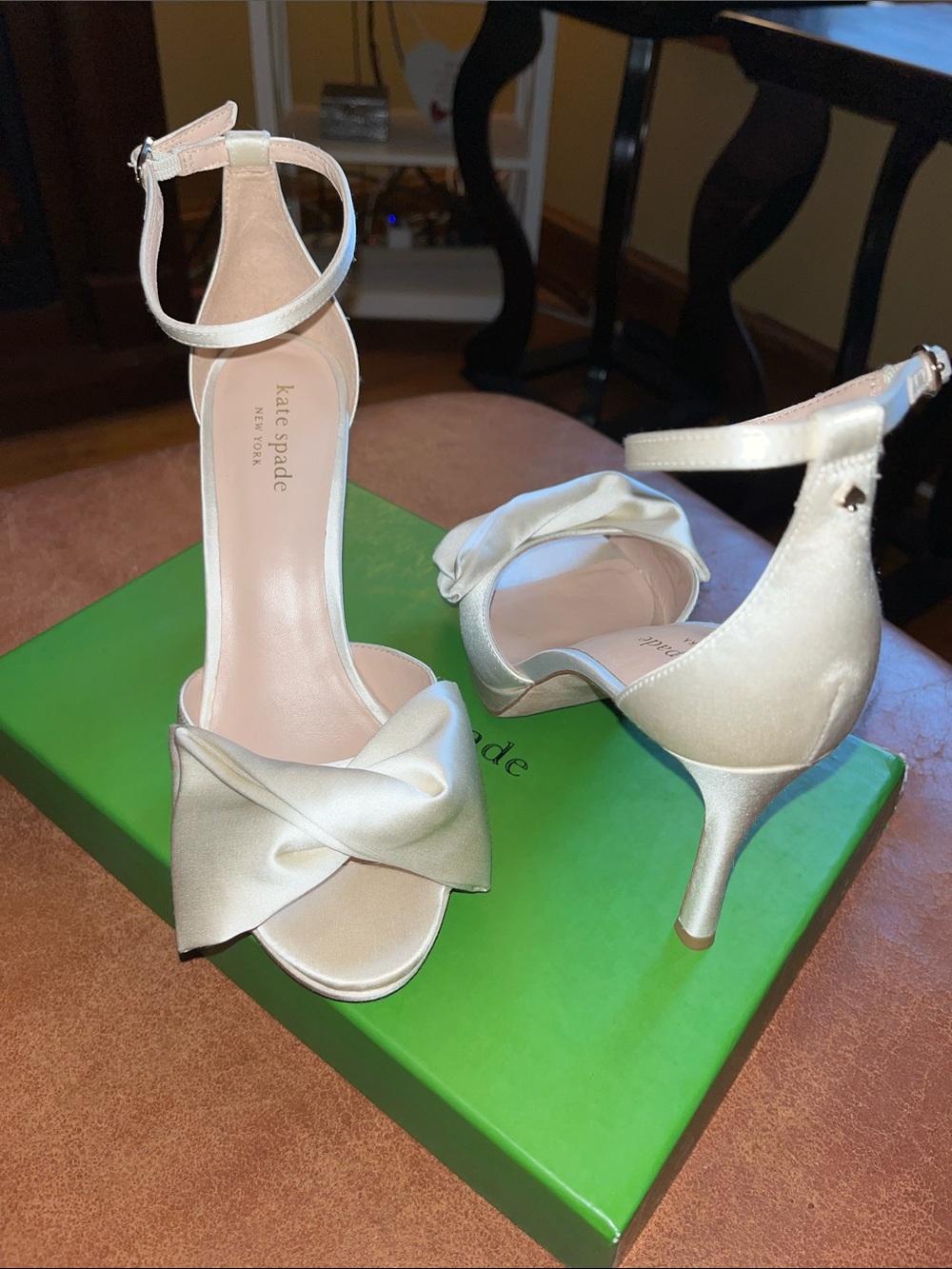 kate spade Ivory Satin Knot-Front Ankle-Strap Heels